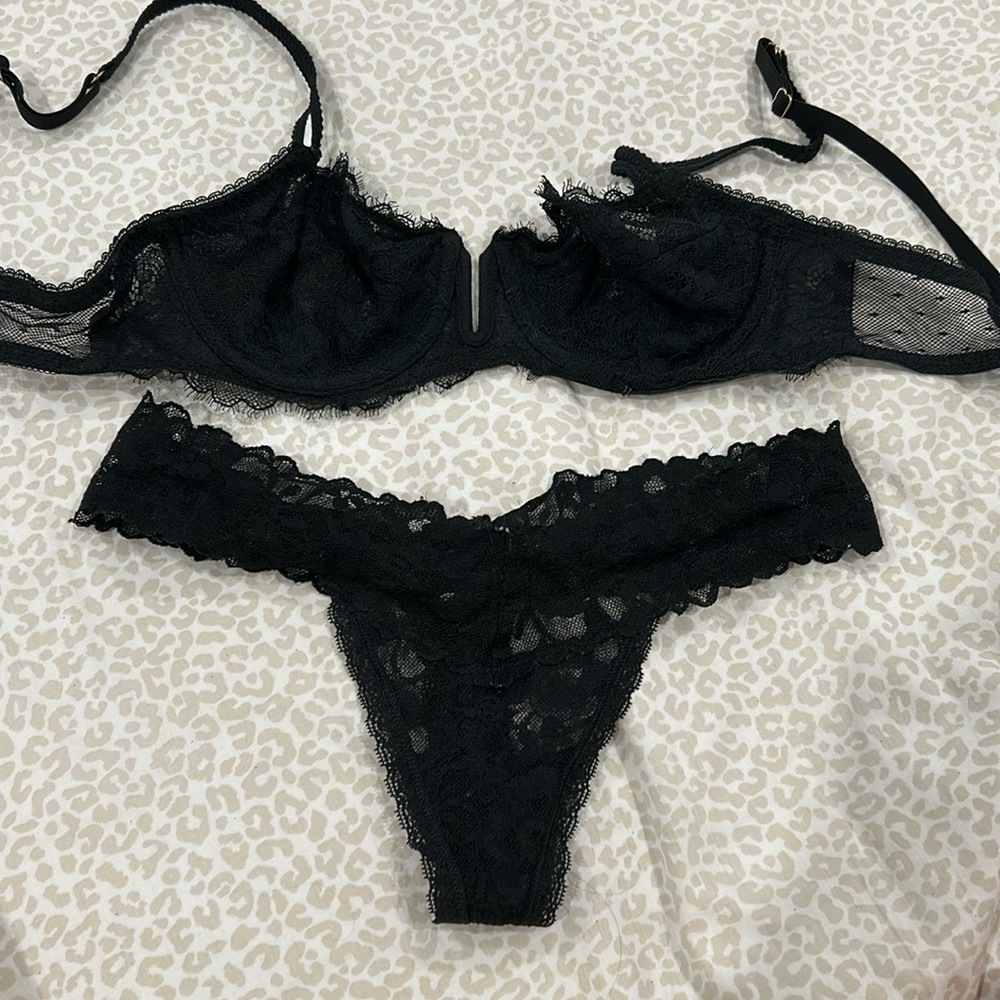 Black Lace Lingerie Thong Set